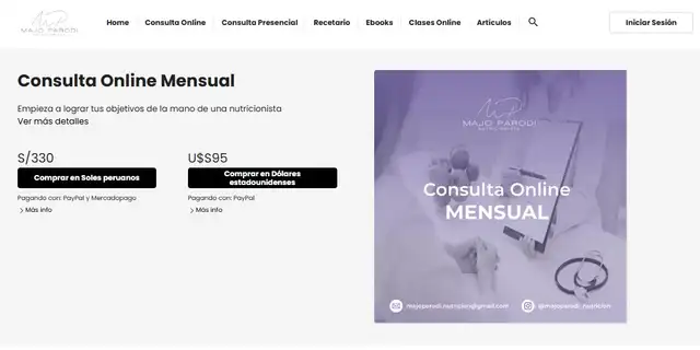 Tarifa de precios del plan nutricional ofrecido por Majo Parodi.