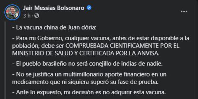 Bolsonaro insiste en no usar la vacuna china. Foto: captura Facebook
