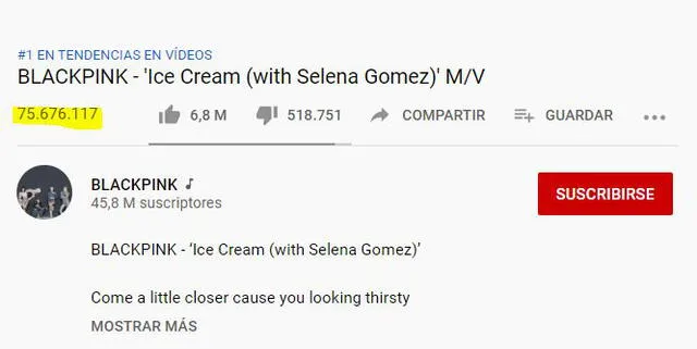 BLACKPINK y Selena Gomez: "Ice cream" vistas a 24 horas en YouTube. Foto: captura