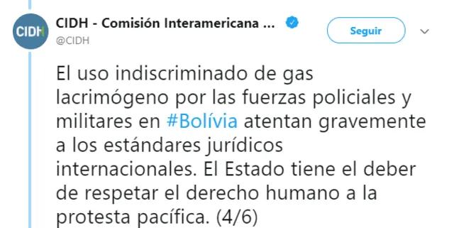 CIDH sobre abuso policial y militar en Bolivia. Foto: Twitter.