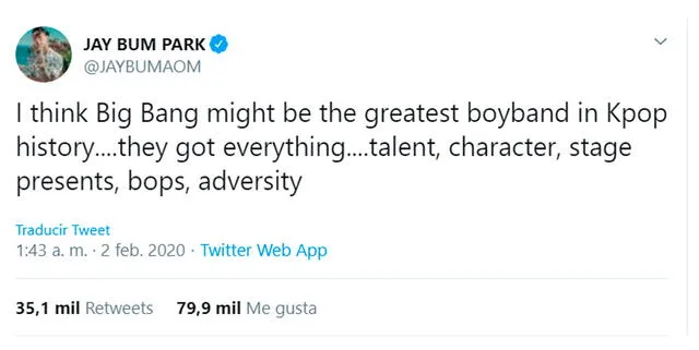 El polémico tweet de Jay Park publicado el 2 de febrero del 2020.