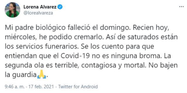 Lorena Álvarez informa sobre el fallecimiento de su padre.