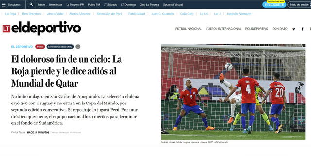 Así tituló La Tercera la eliminación chilena de la próxima copa del mundo. Foto: Captura LT El Deportivo.