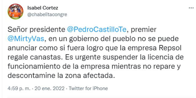 La congresista de Juntos por el Perú se pronunció a través de sus redes sociales.