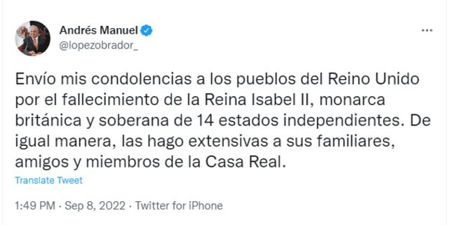 Andrés Manuel López Obrador (AMLO) envió sus condelencias a la familia de la reina Isabel II. Foto: @lopezobrador_ / Twitter