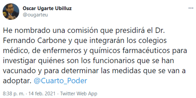 Tuits de Óscar Ugarte sobre caso Vacunagate