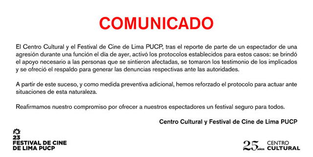 Organizadores del Festival de Cine de Lima se pronunciaron por denuncia de agresión. Créditos: Difusión.