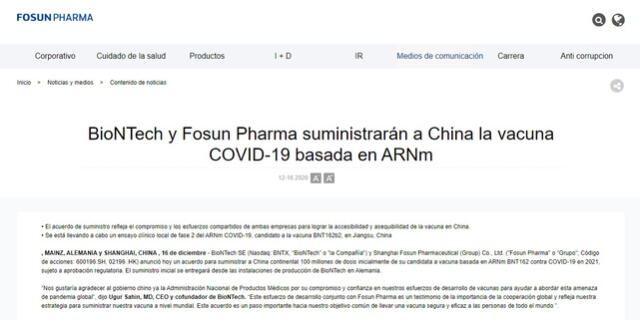 Comunicado de Fosun Pharma. Foto: captura web Fosun Pharma.