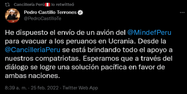 El presidente Pedro Castillo también se pronunció a través de su cuenta de Twitter.