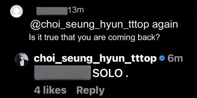  Publicación de T.O.P donde asegura que dejó BIGBANG y que el anuncio ya lo había dado el año pasado. Foto: captura Instagram/Koreaboo/choi_seung_hyun_tttop   