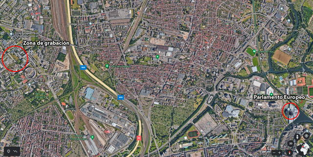 Distancia entre la localización de la zona de grabación y el Parlamento Europeo ubicado en Estrasburgo, Francia. Foto: captura/Google Earth   