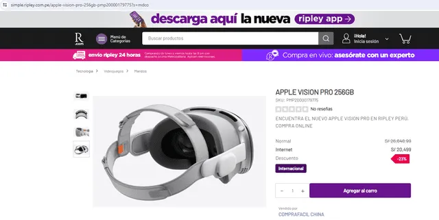  Precio Apple Vision Pro de 256 GB. Foto: captura de Ripley Perú   