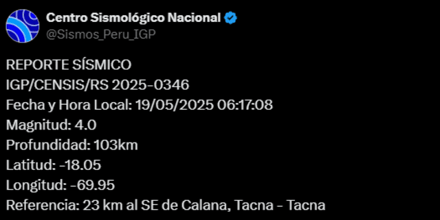  Sismo de magnitud 4.0 sacude Tacna. Foto: IGP   