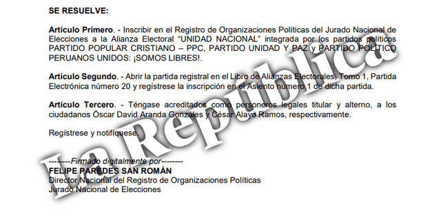Resolución del JNE que aprueba la oficialización de la alianza 'Unidad Nacional' | Foto: JNE Resolución del JNE que aprueba la oficialización de la alianza 'Unidad Nacional' | Foto: JNE
