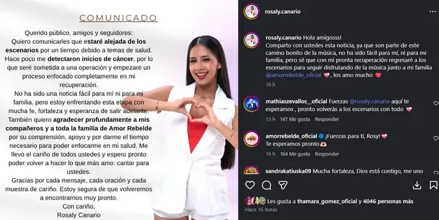 La cantante peruana Rosaly Canario se aleja de los escenarios tras ser diagnosticaca con cáncer.