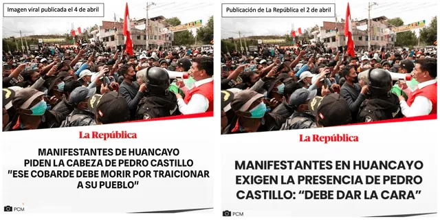 Comparación entre supuesto posteo de La República difundido en redes sociales (izquierda) y la publicación que realizó el medio el 2 de abril (derecha). Fuente: Composición LR, Facebook, Instagram.