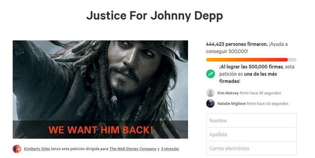 En redes ha vuelto a resurgir una petición a favor de Johnny Deep. Foto: Change.org