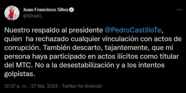 Tuit del ministro Juan Silva. Foto: captura