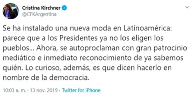 La exmandataria y vicepresidenta electa de la Argentina, Cristina Fernández, también se pronunció en contra de lo sucedido en Bolivia. Foto: captura