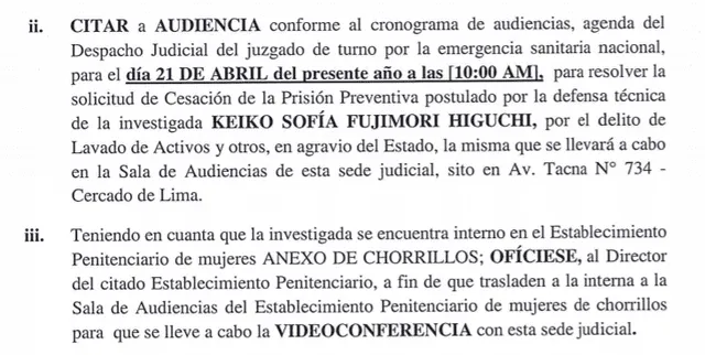 Citación de audiencia para analizar pedido a favor de Keiko Fujimori.