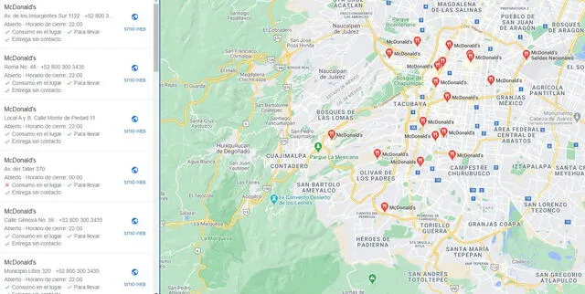 Mapa de todos los locales de McDonald's en México. Foto: captura Google maps