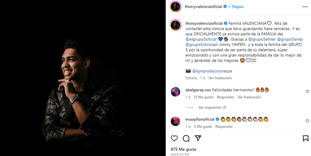  Thony Valencia se mostró agradecido con el líder del Grupo 5 por esta oportunidad. Foto: Instagram/Thony Valencia 