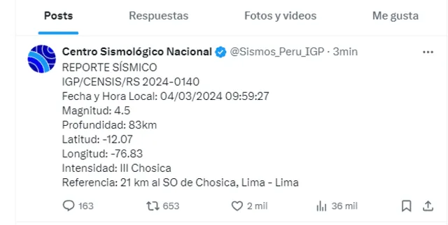 Temblor en Lima. Foto: IGP 