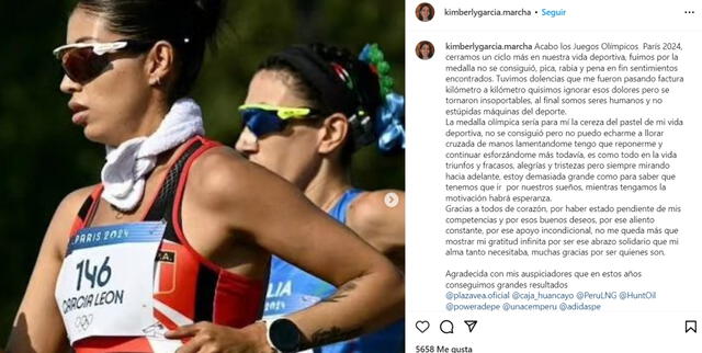  Kimberly García planea alejarse de las pistas por dos meses antes de retomar su preparación para futuras competencias. Imagen: captura de pantalla Instagram Kimberly García   