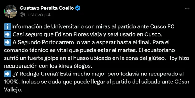  Tuit de Gustavo Peralta con respecto a Segundo Portocarrero. Foto: captura de X/Gustavo Peralta   