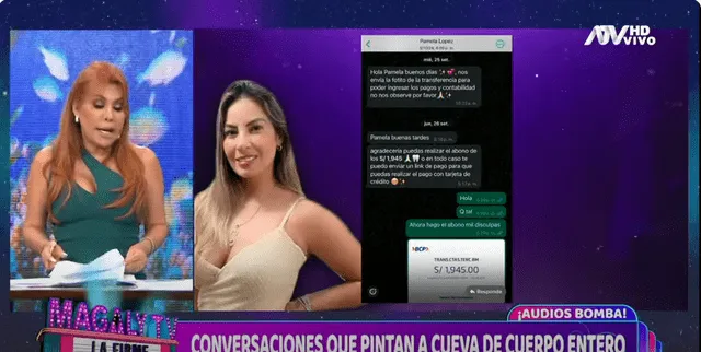 Magaly Medina mostrando el chat donde revela que gastó casi 2 mil soles en tratamiento dental para sus hijos, de los 3 mil, que Cueva le envió. Foto: ATV. 