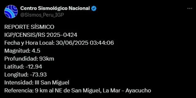  Sismo de magnitud 4.5 sacude Ayacucho. Foto: IGP   