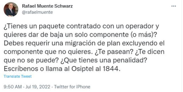 Rafael Muente exhortó a los usuarios a reclamar ante Osiptel si las empresas operadoras no cumplen con los derechos de los usuarios. Foto: Twitter.