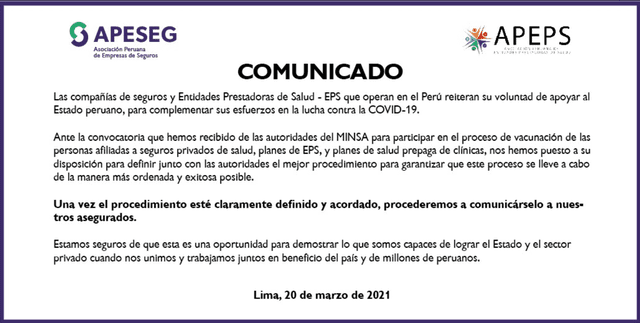 Comunicado de las compañías de seguros y Entidades Prestadores de Salud (EPS) informando sobre su participación para la aplicación de vacunas COVID-19. Foto: Twitter @apeseg_oficial