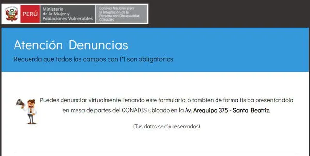 Formulario de denuncias habilitado por el Conadis. Foto: captura