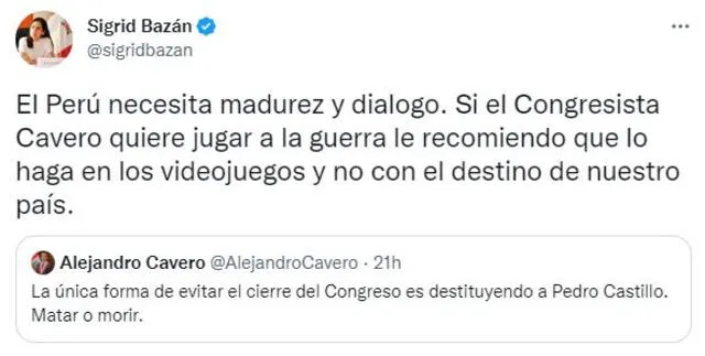 Sigrid Bazán respondió al congresista Alejandro Cavero. Foto: Captura Twitter