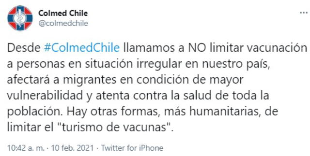 El Colegio Médico de Chile ya se había expresado sobre el tema el propio miércoles 10 de febrero. Foto: captura de Twitter