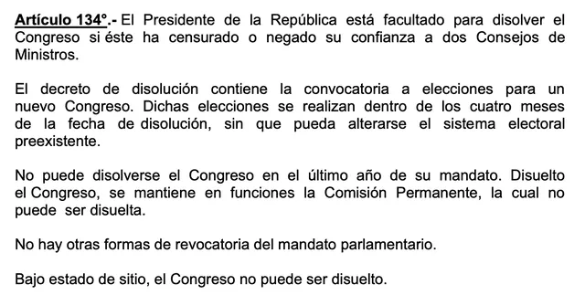 Artículo que avala la disolución condicionada del Congreso. Foto: captura LR/Gobierno del Perú.
