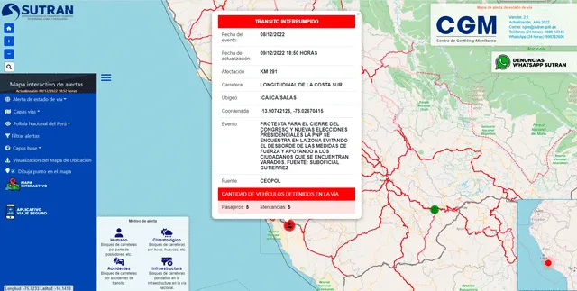 Mapa interactivo de Sutrán muestra en tiempo real qué vías permanecen cerradas a causa de las protestas. Foto: captura Sutrán