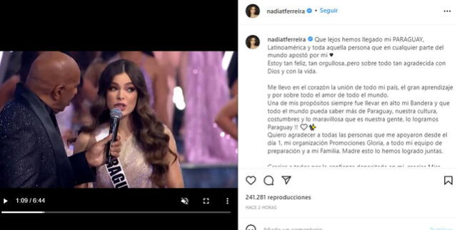 Nadia Ferreira agradece el apoyo en el Miss Universo. Foto: Nadia Ferreira/Instagram