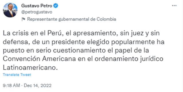 Petro volvió a defender a Castillo: “El apresamiento, sin juez y sin defensa, de un presidente elegido popularmente”