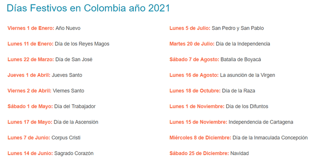 Días festivos en Colombia para este 2021. Foto: captura/calendario hispanohablante