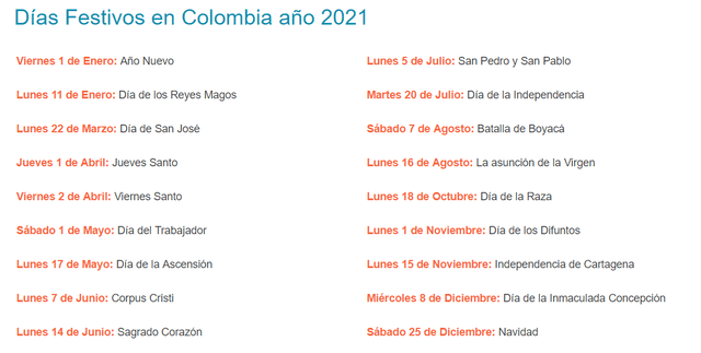 Días festivos en Colombia para este 2021. Foto: captura/calendario hispanohablante Días festivos en Colombia para este 2021. Foto: captura/calendario hispanohablante