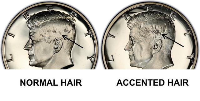  Diferencias entre una moneda normal y la JFK Half Dollar de 1964 Accented Hair. Foto: PCGS    