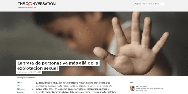  Artículo “La trata de personas va más allá de la explotación sexual” publicado en junio de 2023. Foto: captura en The Conversation.&nbsp;   