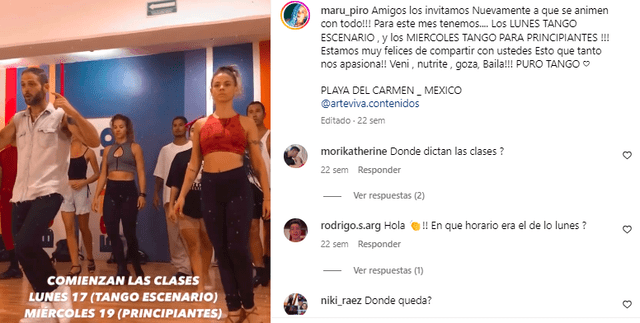 Maru Piro promociona sus clases de baile de tango en sus redes sociales. Foto: Maru Piro/Instagram   