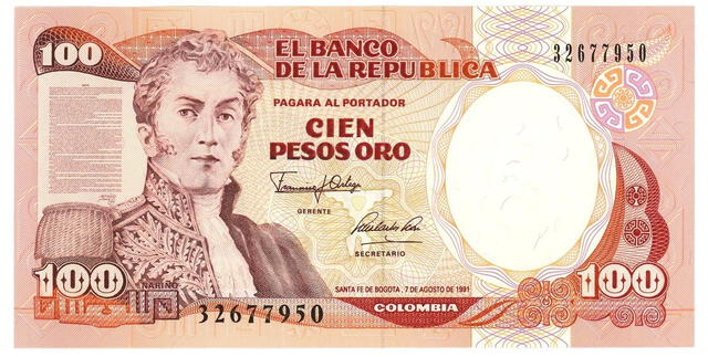  Billete de 100 pesos colombianos. Foto: Numista    