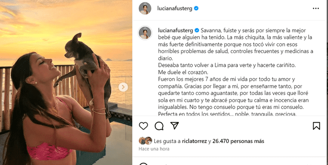  Luciana Fuster y su sentida publicación a raíz de la muerte de su perrita. Foto: Instagram/Luciana Fuster   