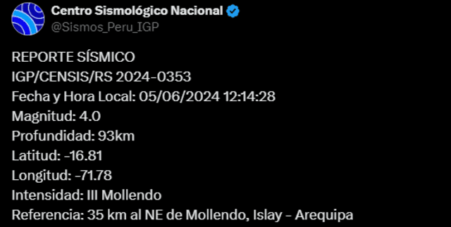 Temblor de magnitud 4.0 remeció Arequipa hoy, según IGP