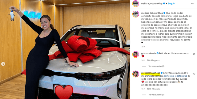  Melissa Lobatón, hija de Melissa Klug, comparte que compró su primer auto. Foto: captura Instagram   