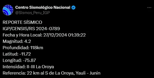  IGP dio a conocer el temblor de magnitud 4.2 en Junín. Foto: IGP   